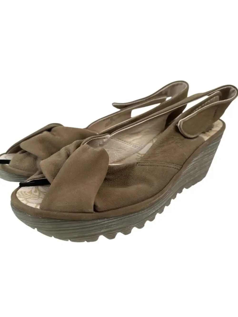 Fly London Yakin Harbor Tan Suede Knot Slingback Wedge Sandals EU 40 US 9